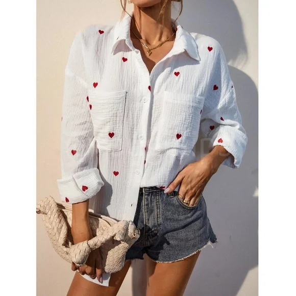 Cotton White Casual Shirt Embroidered Red Hearts Button Down Up Long Sleeve - Picture 2 of 16